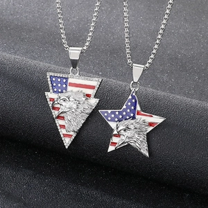 Silver stainless steel eagle necklaces with American flag enamel in star and triangle shapes
