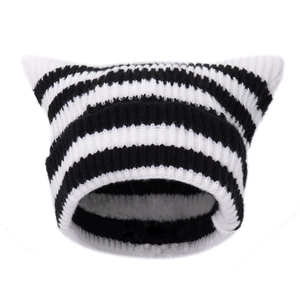 Striped knit beanie with cute cat ears in black and white pattern for women