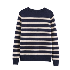 Classic navy and cream striped long sleeve knit sweater with ribbed cuffs and hem