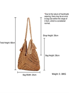 Handmade woven shoulder bag with hollow triangle pattern and fringe detail in khaki