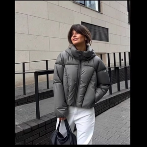 Short hooded puffer jacket in dark grey matte finish with trendy urban streetwear style