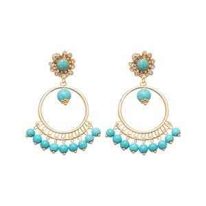 Bohemian gold tassel earrings featuring turquoise beads and sparkling rhinestones