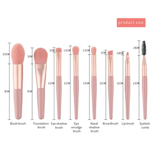 Detailed size chart for 8-piece mini makeup brush set with pink wooden handles