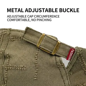 Olive green beret hat with adjustable metal buckle and red Fashion tag detail