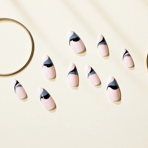 Almond press on nails featuring artistic pink and grey ink wave fluid marble patterns