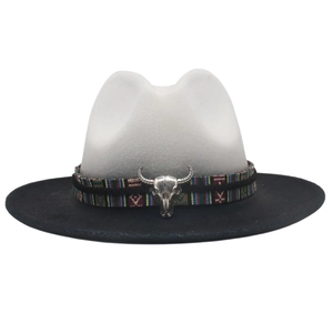 Vintage western cowboy hat in grey and black wool felt with a metal bull skull ornament