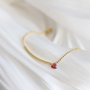Red Heart Cubic Zirconia Bracelet Titanium Steel Gold Plated Bead Chain Smooth Bar Simple Elegant Jewelry For Women