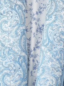 Macro shot of floral paisley print fabric detailing the soft texture of this winter jacket