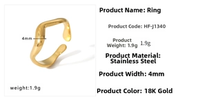Detail showing 4mm width and 1.9g weight of wave shaped 18K gold plated stainless steel ring