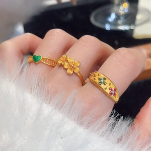 Vintage Flower Open Ring Gold Plated Copper Zircon Heart Relief Adjustable Finger Rings Jewelry For Women Retro Niche Design