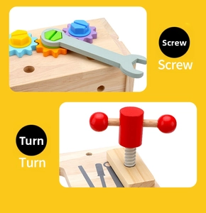 Détail d'un kit d'outils en bois pour enfants avec fonctions de vissage et de rotation