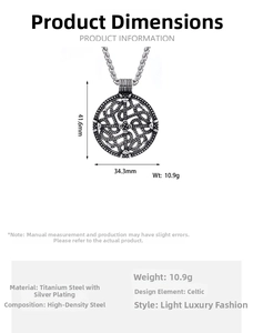 Detailed specs of vintage Celtic knot pendant necklace in silver stainless steel