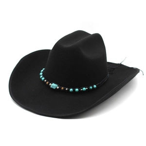 Black western cowboy wool felt hat with turquoise beaded band shown at a 45-degree angle