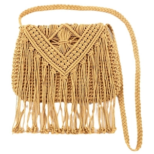 Handmade bohemian straw crossbody bag with V-shaped macramé pattern and long fringe
