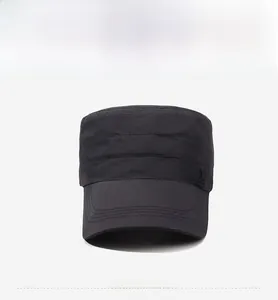 Front view of a black quick-dry flat top military cap with detailed side embroidery