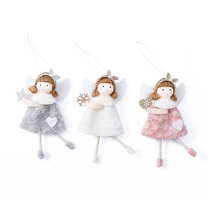 Three plush Christmas angel hanging ornaments in grey, white, and pink for tree decoration