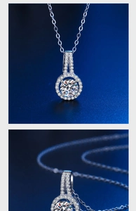 Macro detail of 2 carat round moissanite pendant with micro-pave setting on silver chain