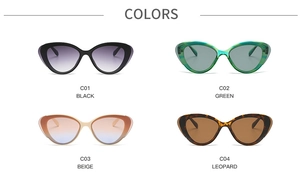 Cat eye sunglasses detail in four colors: classic black, green, beige and leopard print