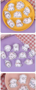Detail of cute Bichon Frise acrylic badges featuring various dog poses for backpacks