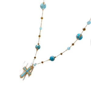 Resort style gold chain necklace with blue stone beads and enamel cross pendant for women