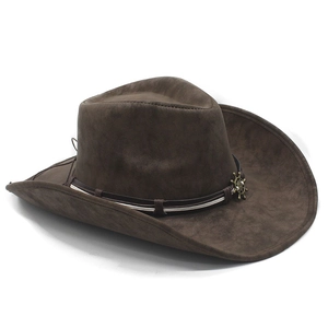 Detail of dark brown faux suede cowboy hat with bronze helm charm and stitched brim
