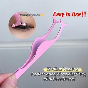 Pink stainless steel eyelash applicator tool with ergonomic handle and U-shaped curved tip