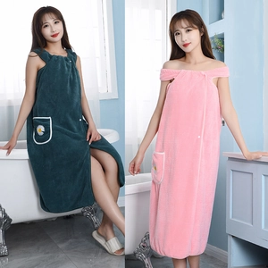 Wearable coral fleece bath towel dress with pocket and daisy embroidery for women