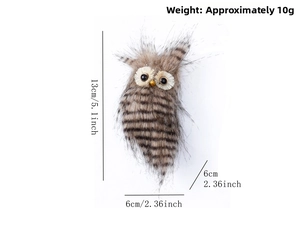 Detail showing plush owl ornament dimensions 13cm height and 6cm width with 10g weight