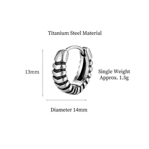 Vintage oxidized titanium steel hoop earring for men with textured ridge design