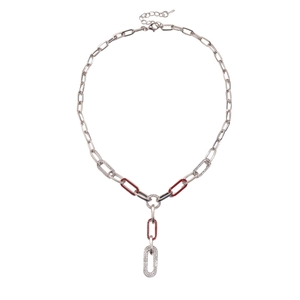 Silver paperclip Y-necklace with red enamel accents and sparkling crystals on white background