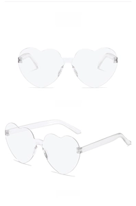 Detailed front and 45-degree side views of transparent heart-shaped rimless sunglasses