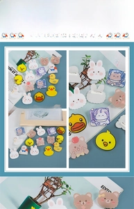 Detailed size chart and display of cute acrylic animal pins including duck and bear