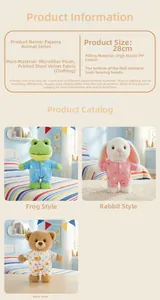 Detail view of 28cm plush animals in pajamas featuring rabbit bear and frog characters