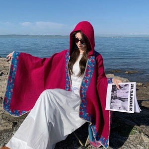 Ethnic rose red hooded cloak with tribal embroidery for travel and photography