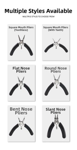 Detail view of 6 DIY jewelry pliers including round, bent, and flat nose with black handles