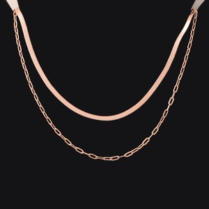 Detail of rose gold double-layer necklace with flat snake chain and paperclip link