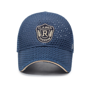 Men's navy blue breathable mesh baseball cap with shield embroidery and sun protection