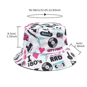 White bucket hat with retro 80s music pattern and detailed size dimensions