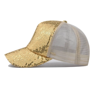Fashionable gold sequin trucker hat with breathable mesh back and metallic glitter finish
