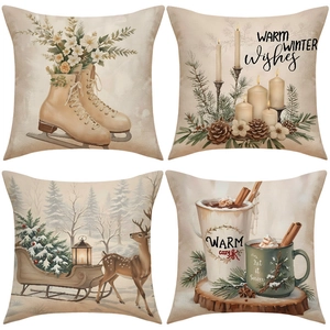 Christmas Pillow Cover Linen Reindeer Sled Candle Print Winter Home Sofa Decor Vintage Nordic Holiday