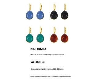Detailed view of resin teardrop earrings in four colors with stainless steel hooks