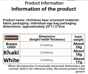 Size chart for handmade Christmas bear charms with material and weight specifications