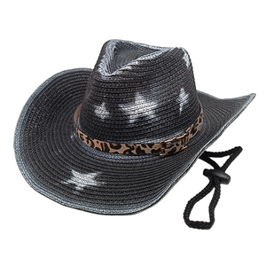 Detail of dark gray straw cowboy hat with leopard print band and adjustable chin strap