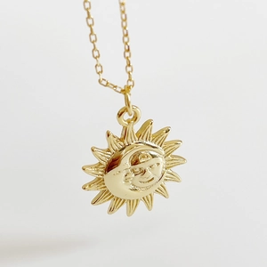 925 Sterling Silver Gold Sun and Moon Pendant Necklace with Polished Finish
