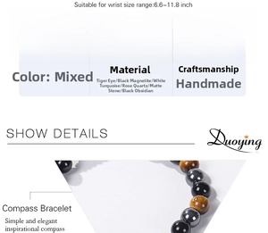 Detail of tiger eye and black magnetic stone bracelet with adjustable 17-30cm braided cord