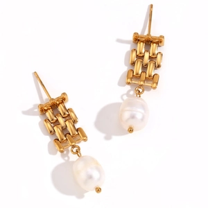 18K gold plated stainless steel watch-strap chain earrings with white pearl drop charms