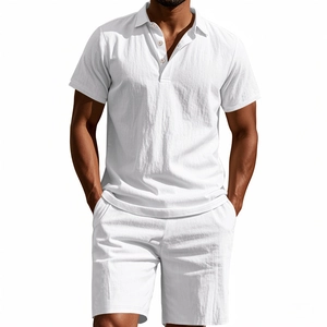 Detailed texture of white linen polo shirt and matching shorts on a male model