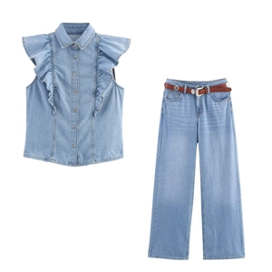 Dames Denim Mouwloze Top Met Ruches En Jeans Met Hoge Taille Met Riem Lichtblauw Casual Streetwear