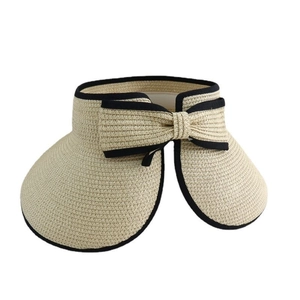 Beige wide brim straw sun hat for women with bow accent and open top design