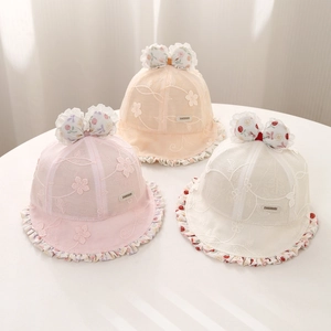 Chapeau De Soleil Bébé Fille Dentelle Broderie Noeud Large Bord Respirant Été Bob Princesse Tout Petit